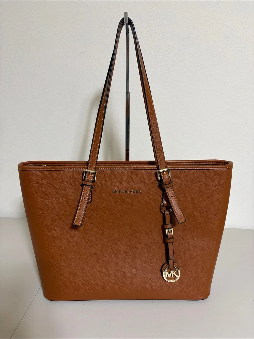 Fashion Tote Bag with Double Shoulder Strap and buckle accents Cognac